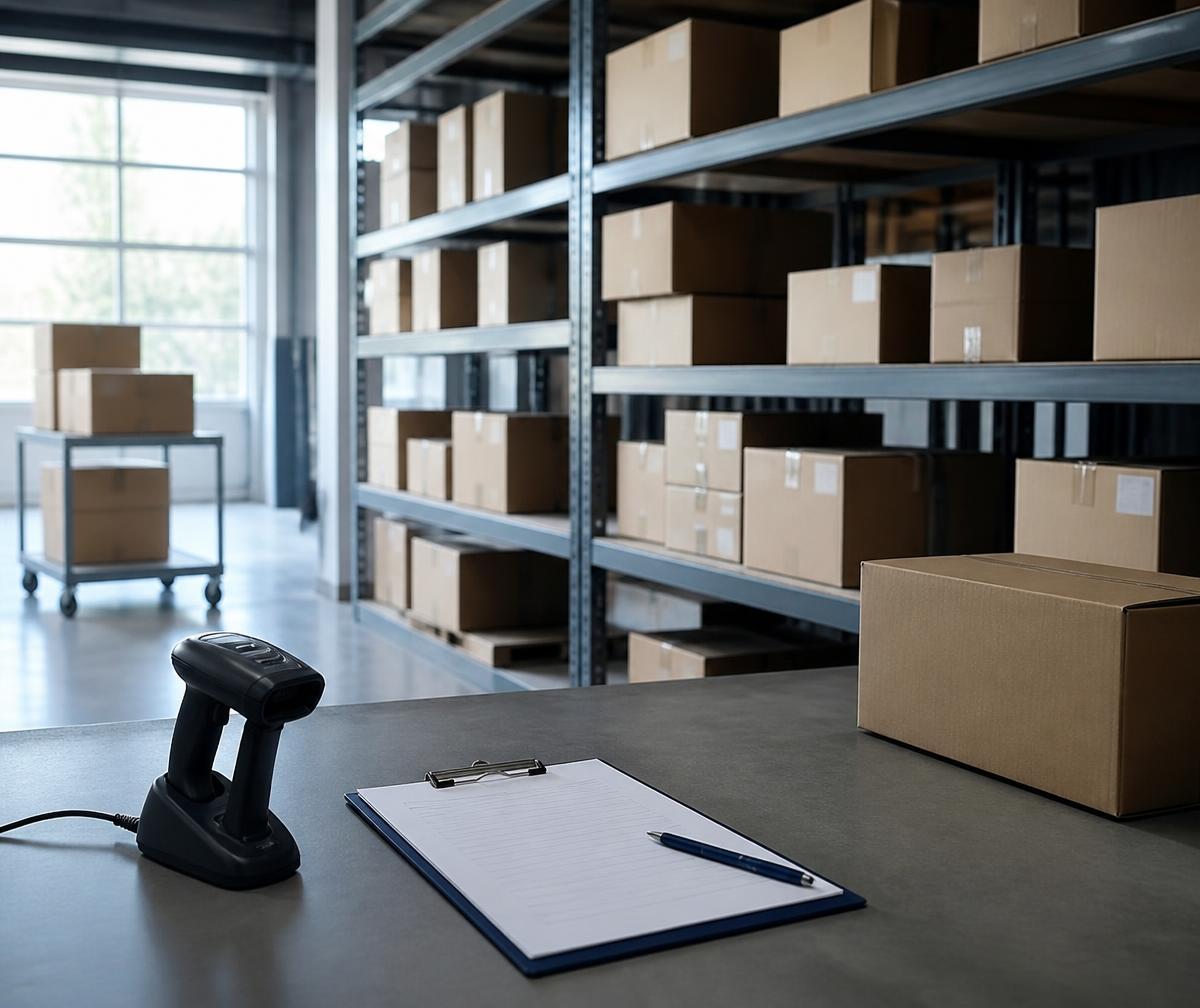 Distribution centre staging area with sorted product cartons